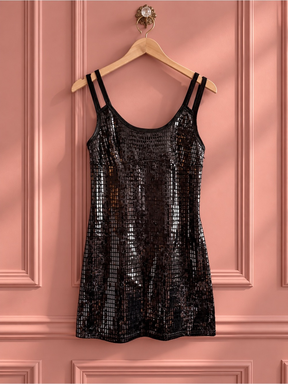 Rare Lip Service 2000 Vintage Black Metallic Grid Mirror Tiles Mini Dress